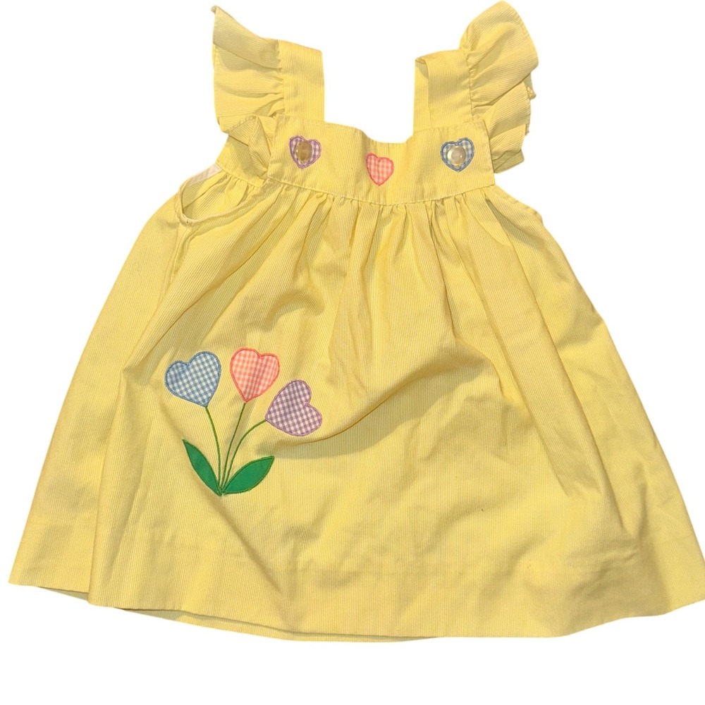 Vintage Adorable Yellow Gingham Heart Flowers Baby Girl Dress Ruffle Sleeves 24M